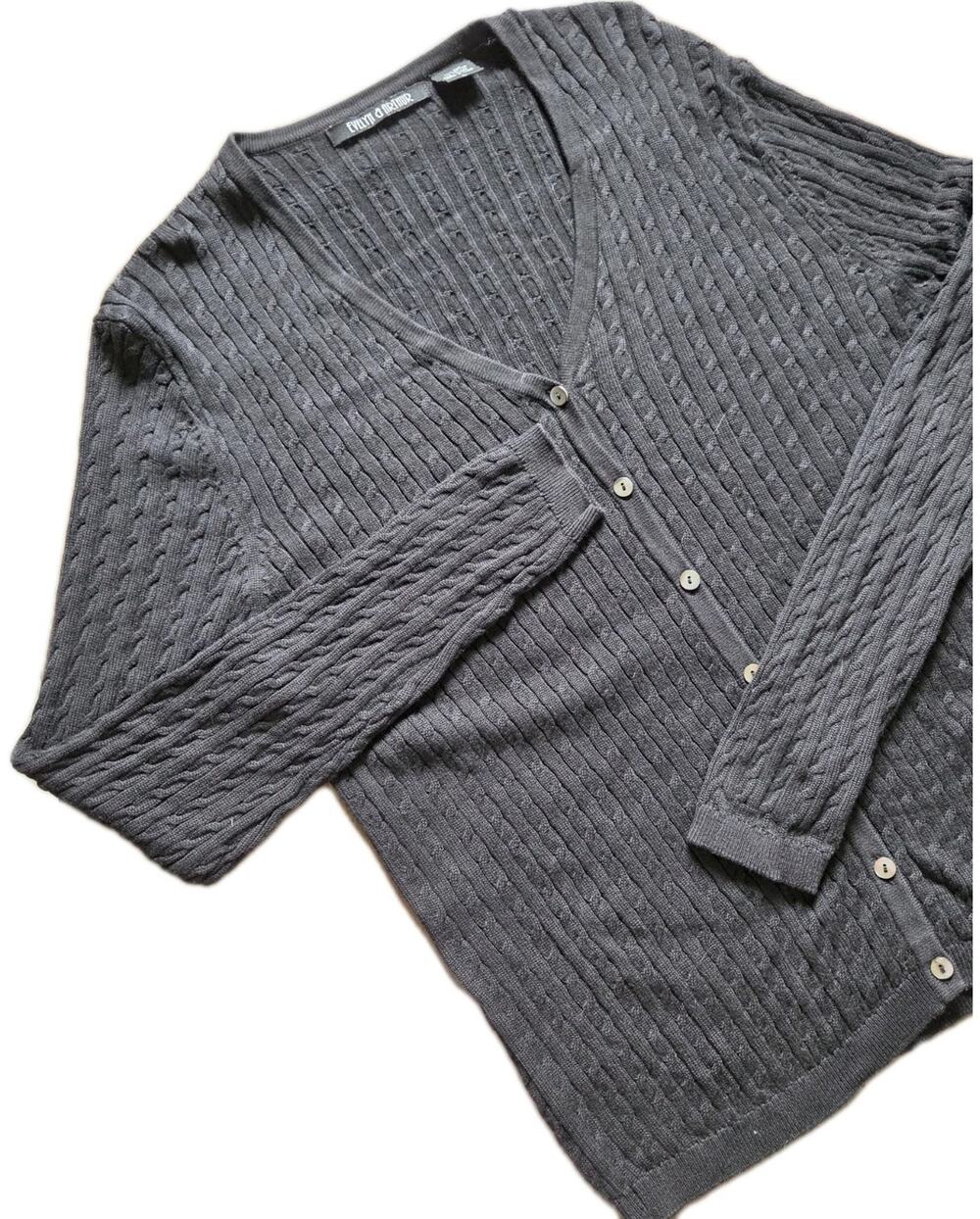 Evelyn & Arthur 100% Silk Cardigan Sweater Black Cable Knit Luxury Softcore L